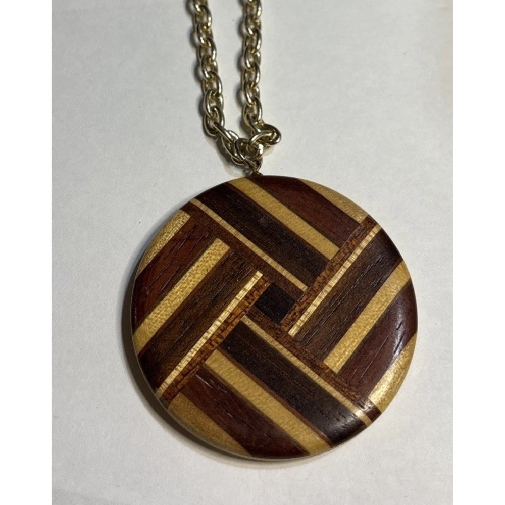 Large Round Inlaid Wood Pendant Necklace Geometric Parquet Look  Boho Statement